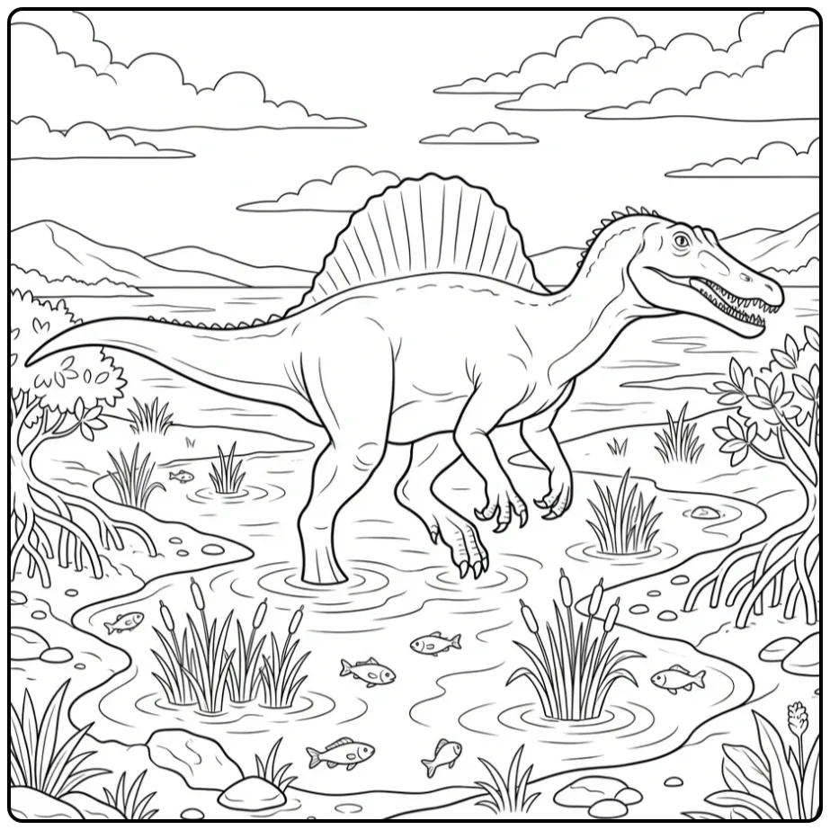 Realistic Spinosaurus coloring page by the water with reeds