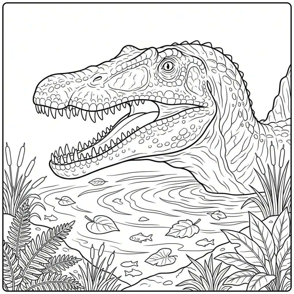 Realistic Spinosaurus coloring page head in the water