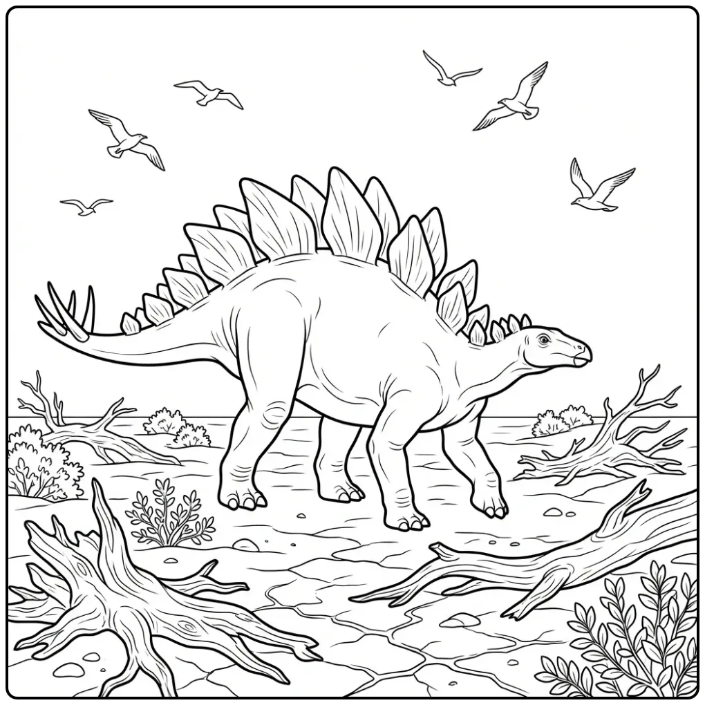 Detailed Stegosaurus with a Nature Background coloring page