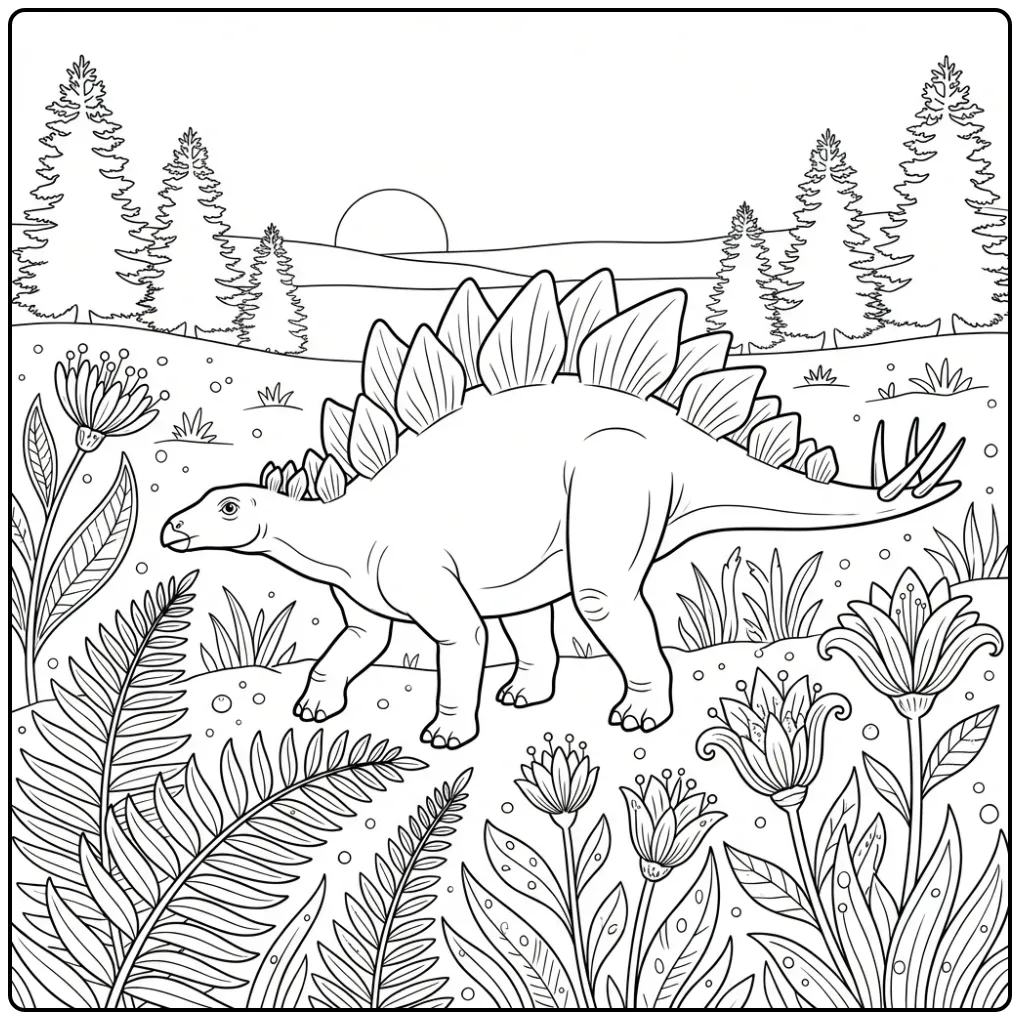 Detailed Stegosaurus with Prehistoric Flowers coloring page