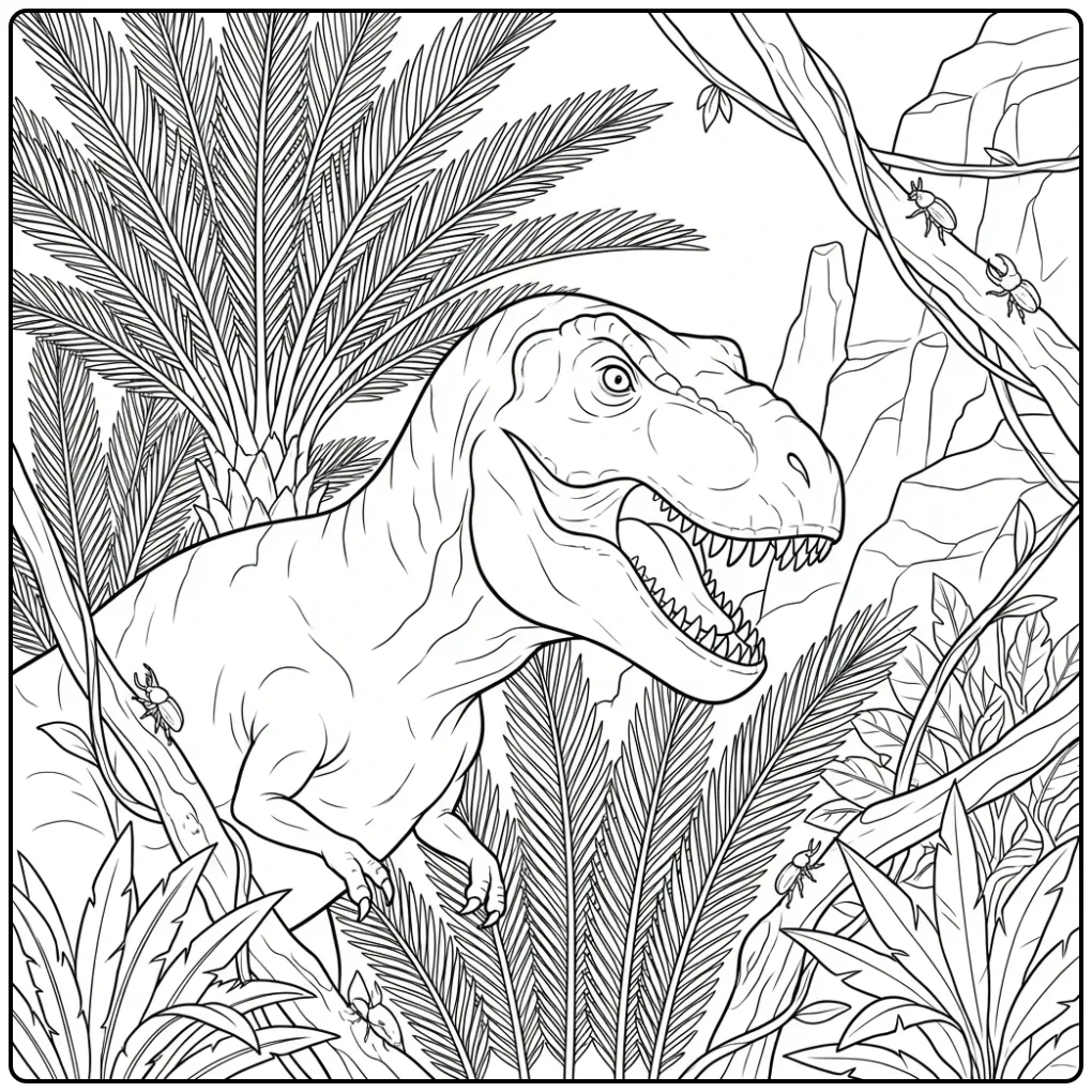 Realistic T. Rex coloring page with a head among ferns