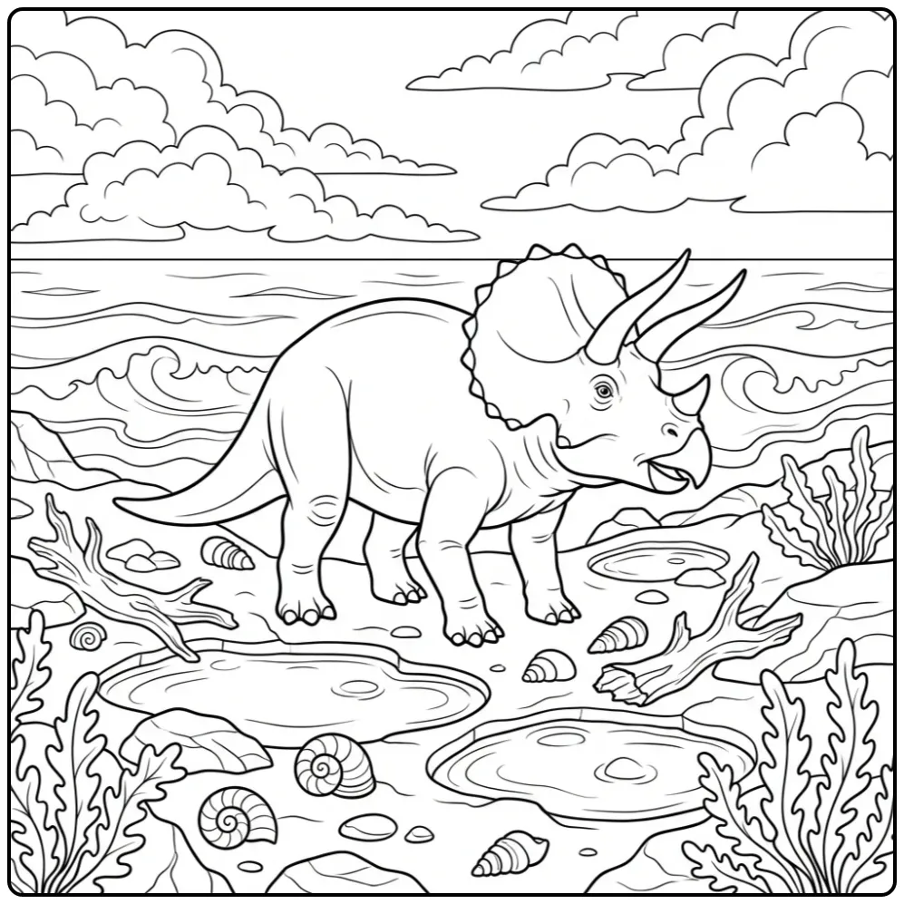 Realistic Triceratops coloring page on a prehistoric beach
