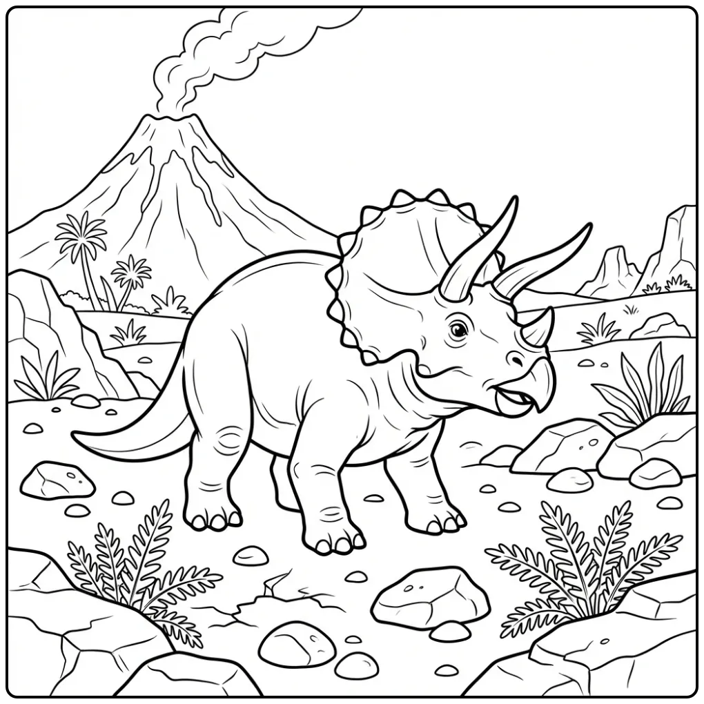 Realistic Triceratops coloring page in a volcanic landscape