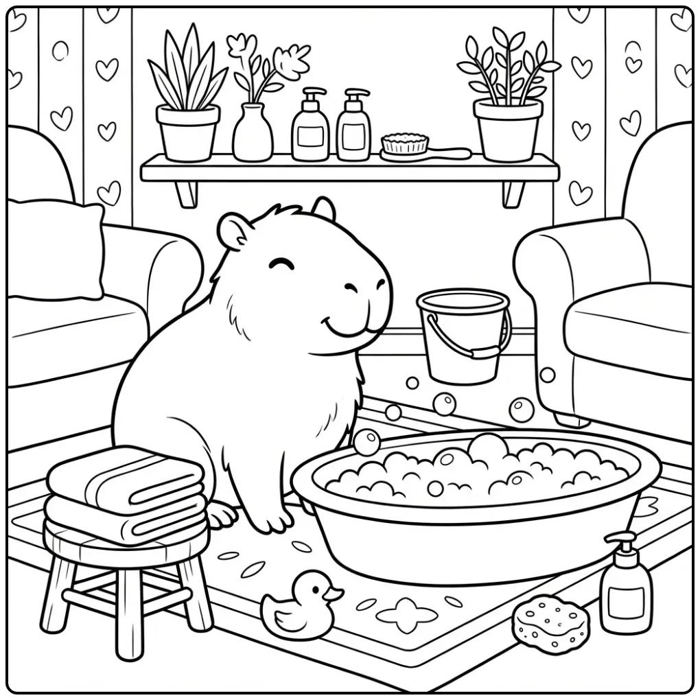 Capybara coloring page featuring a capybara in a bathroom