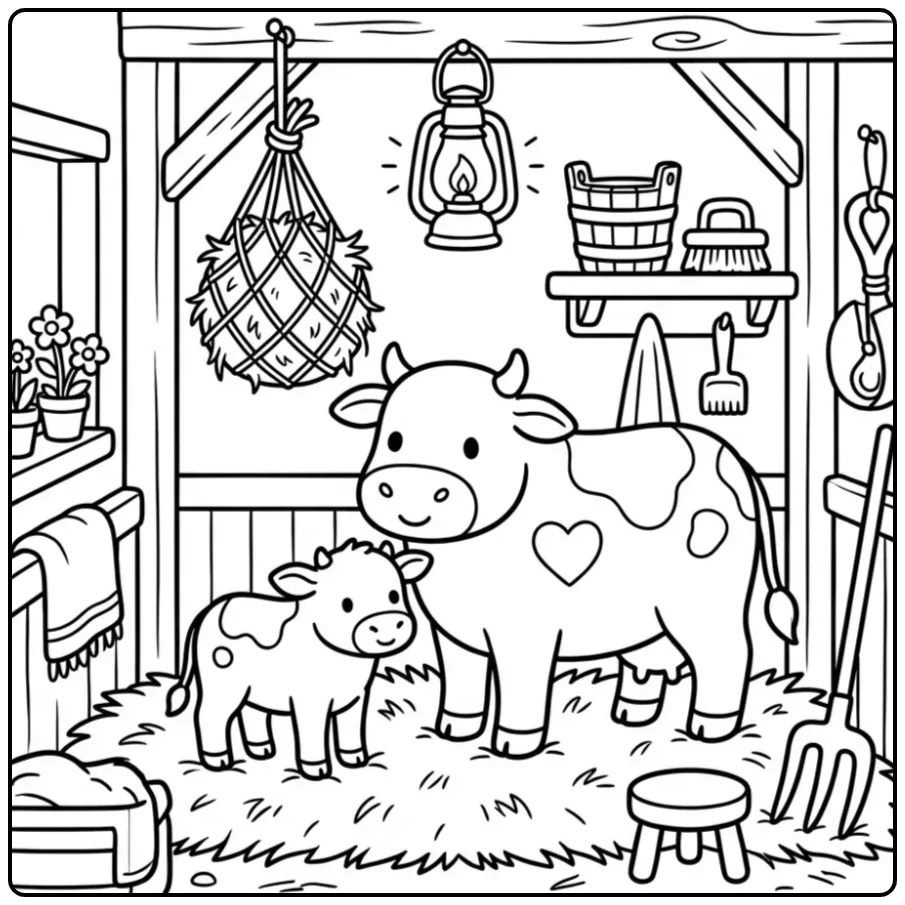 Cozy Cow with Calf for Children coloring page