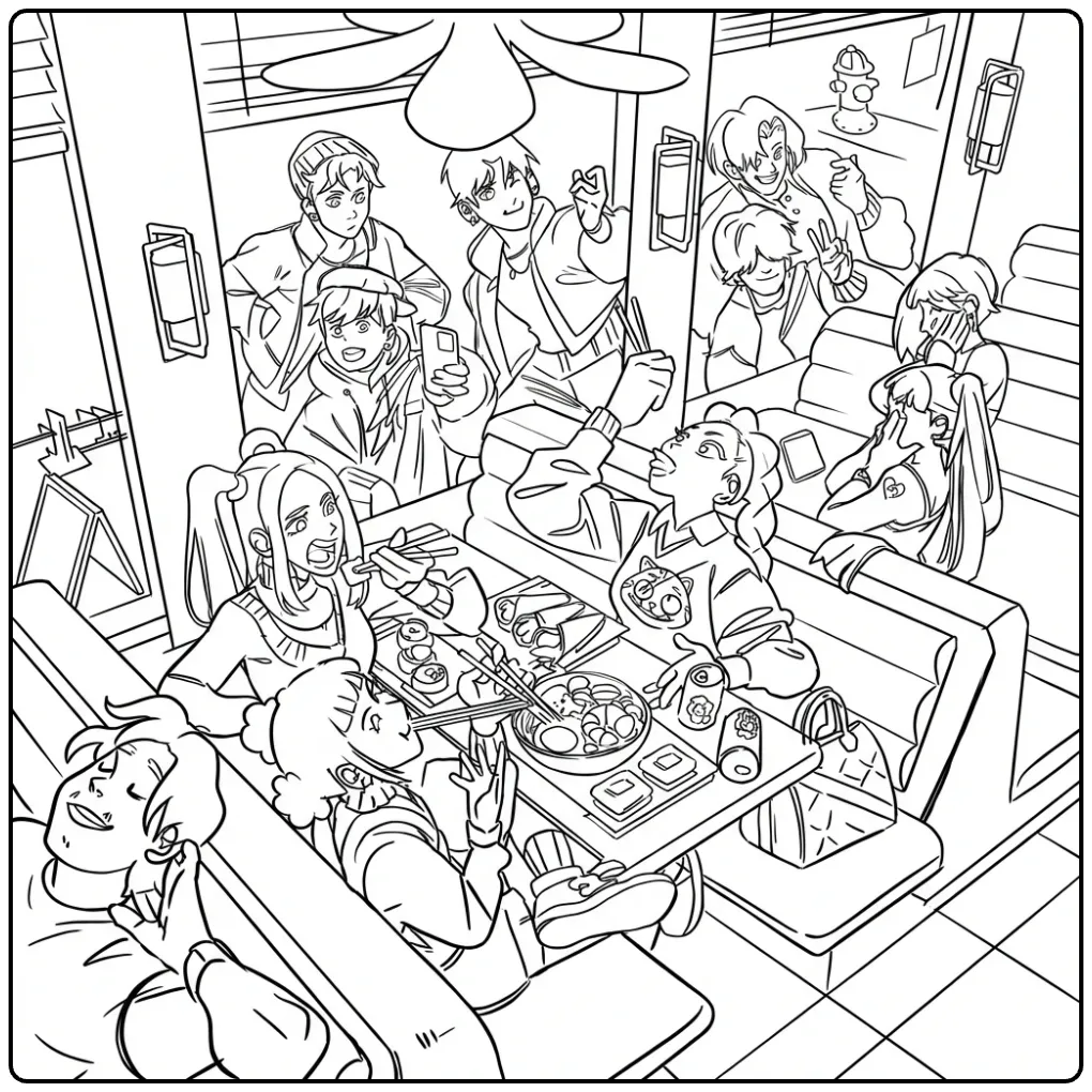 Cozy KPop Demon Hunters in the Restaurant coloring page