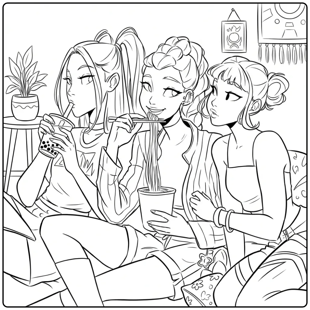 Cozy KPop Demon Hunters Break with Boba and Noodles coloring page