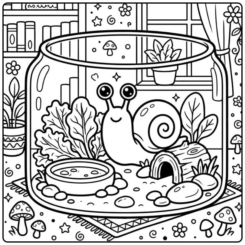Cozy Snail in a Furnished Terrarium coloring page