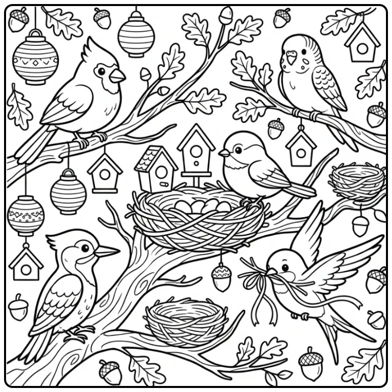 Cozy Bird Neighborhood in a Tree coloring page