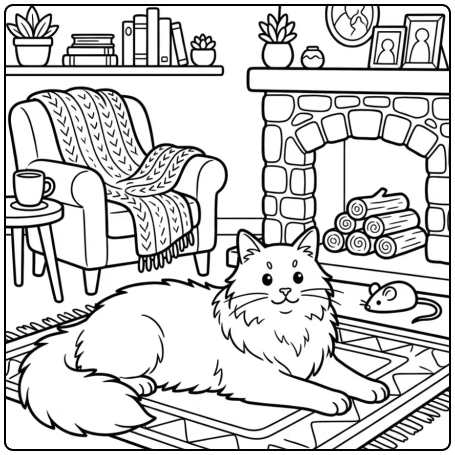 Cozy Maine Coon Cat by the Open Fireplace coloring page