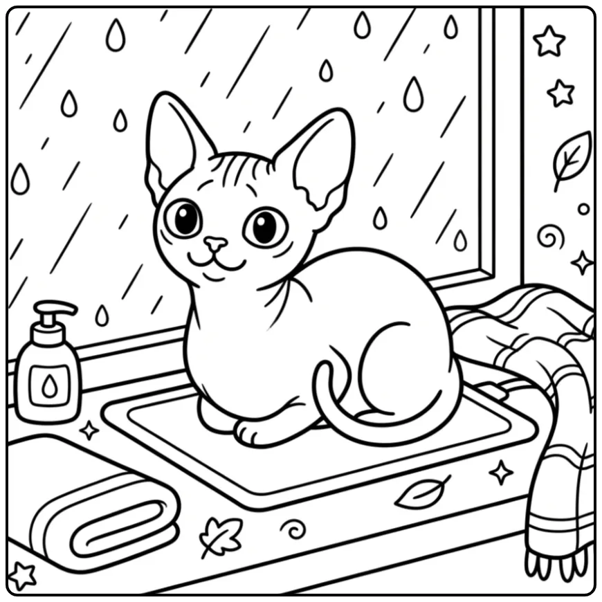 Cozy Sphynx Cat by a Rainy Window coloring page