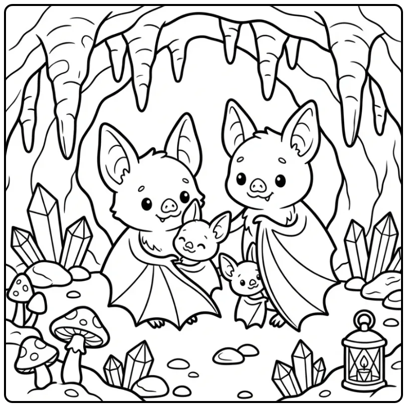 Cozy Bat Family and Crystals coloring page
