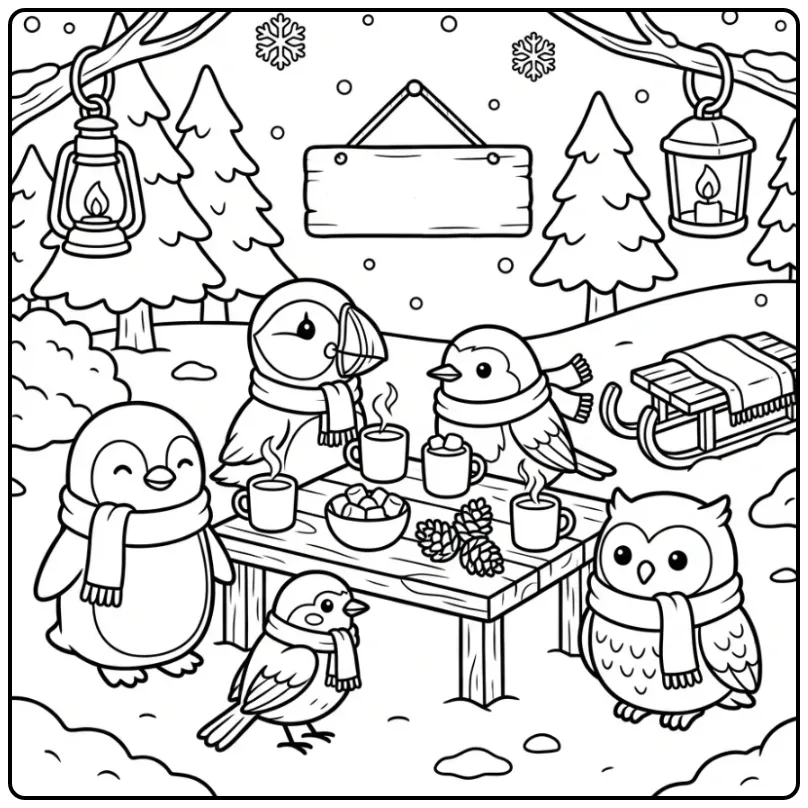 Cozy Winter Bird with Warm Hot Chocolate coloring page
