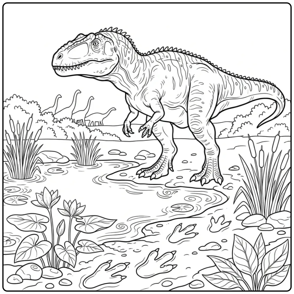 Giganotosaurus coloring page with footprints and plants by a pool