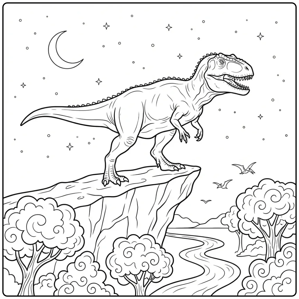 Giganotosaurus coloring page on a cliff under the stars