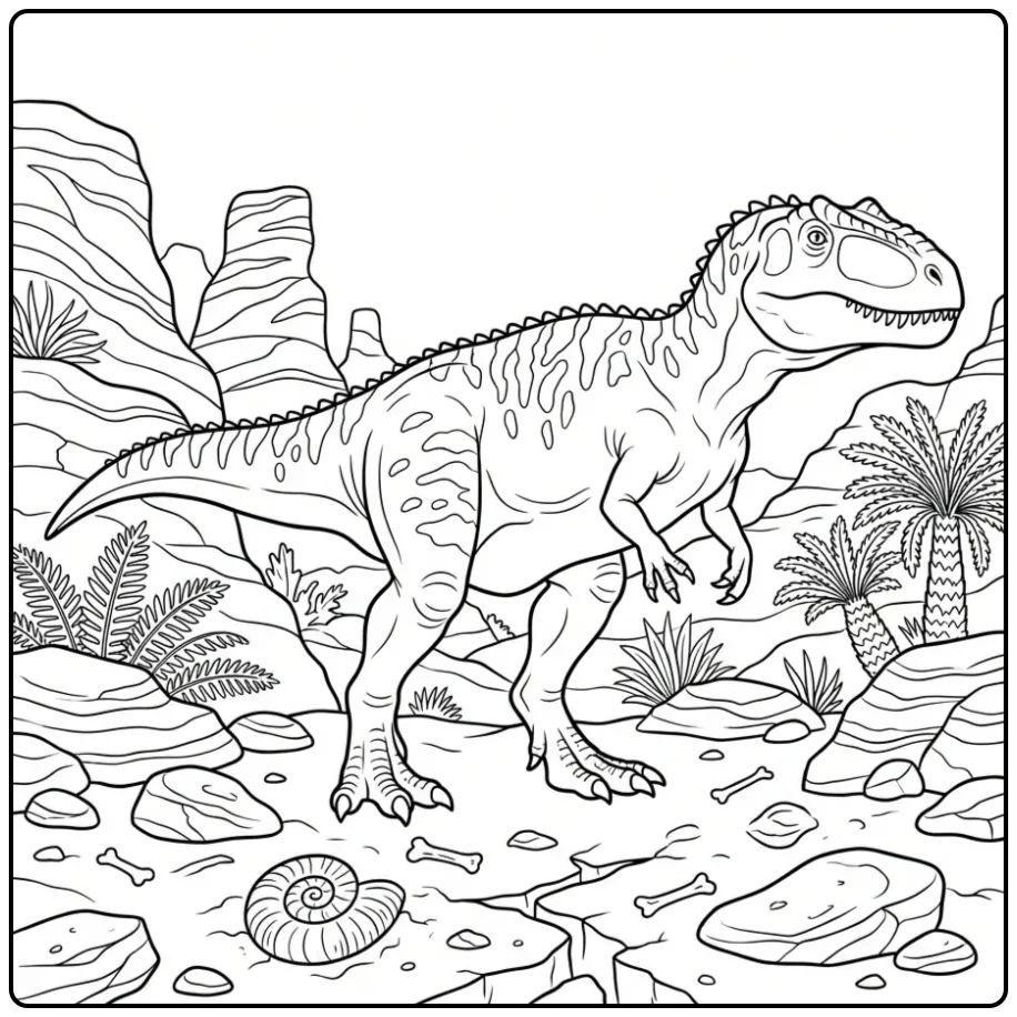 Detailed Giganotosaurus coloring page in a rocky canyon