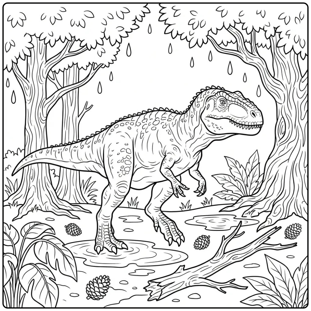 Giganotosaurus coloring page walking through a rainy ancient forest