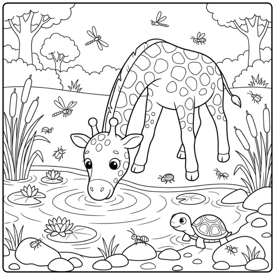 Detailed Giraffe with a Turtle and Nature coloring page