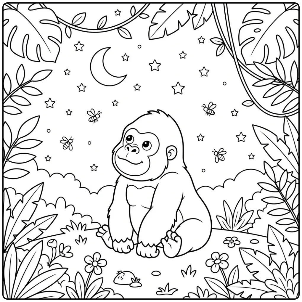 Gorilla Moon and Sparkling Stars coloring page