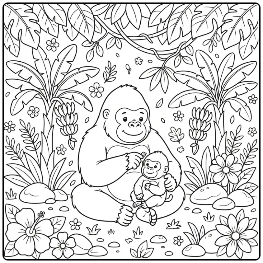 Gorilla Mother and Baby Among Banana Plants coloring page