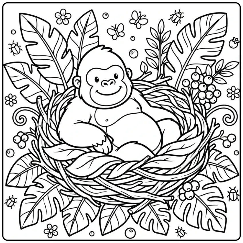 Gorilla Sleeping in a Cozy Leaf Nest coloring page