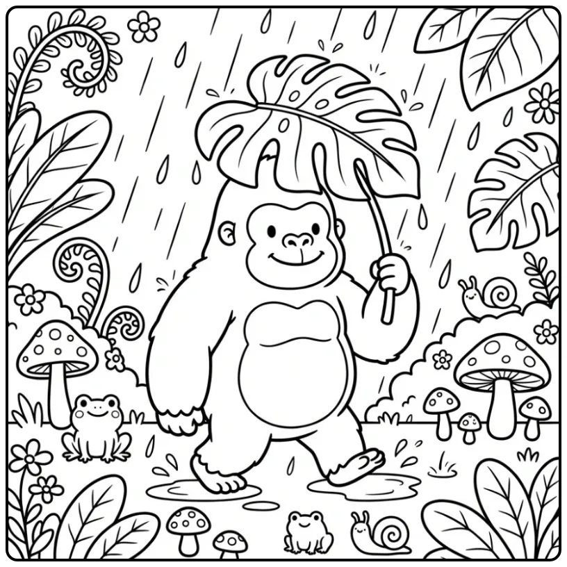 Gorilla Walking Through Rain in the Jungle coloring page