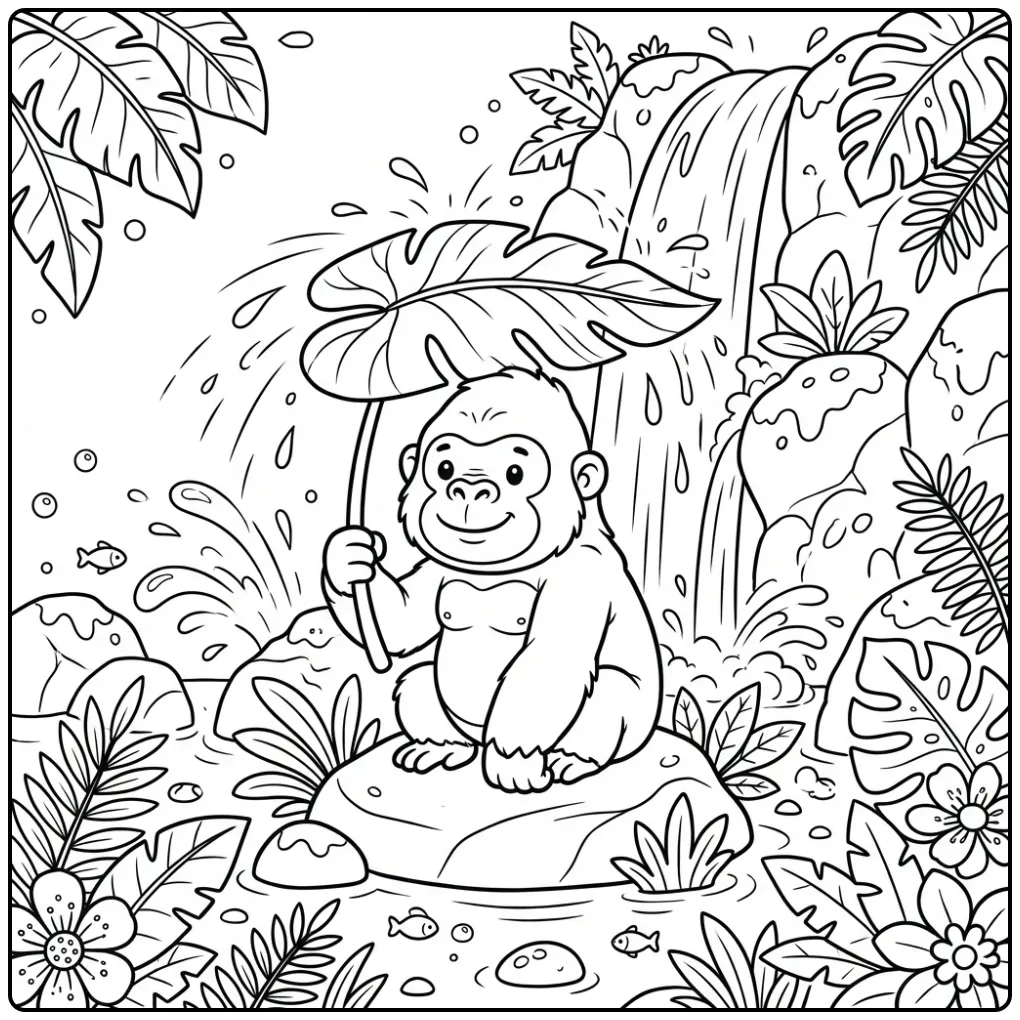 Gorilla Sitting by a Waterfall with a Leaf coloring page