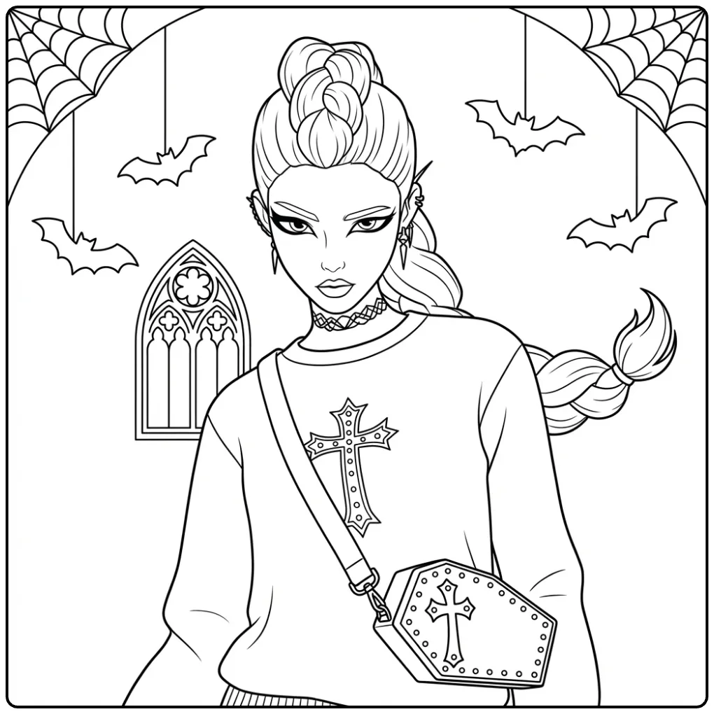 Gothic KPop Demon Hunters Rumi with a Coffin Bag coloring page