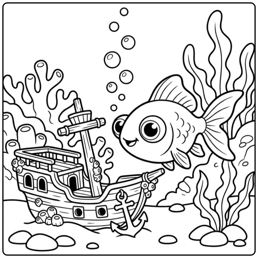 Goldfish by a Cute Sunken Ship coloring page