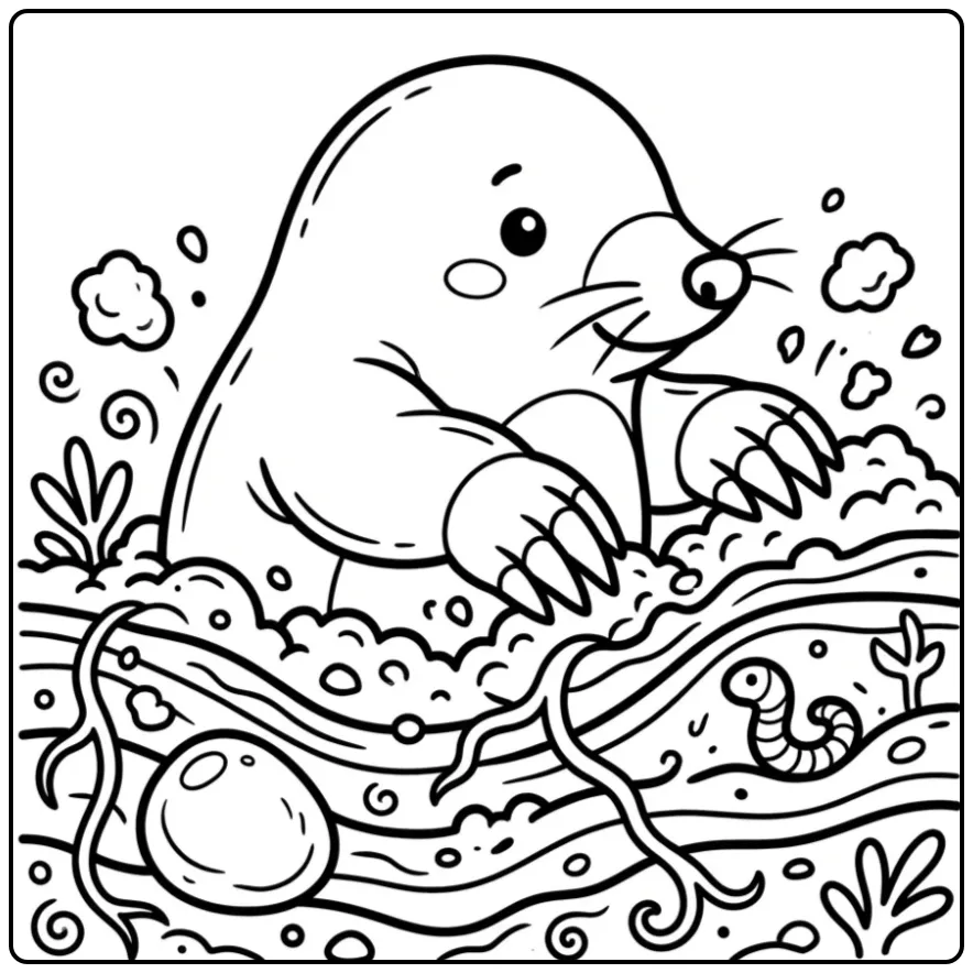 Mole coloring page digging deep in the soil