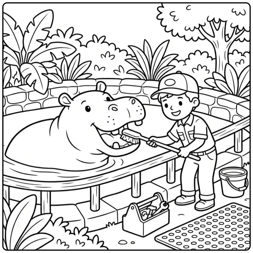 Hippo coloring page showing a hippo having its teeth brushed