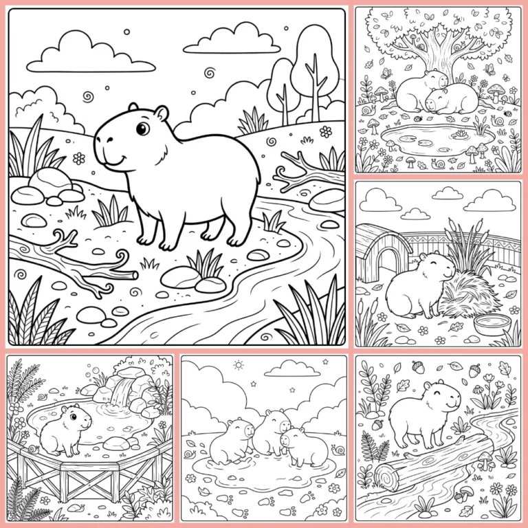 Capybara coloring page collection preview with several capybara scenes