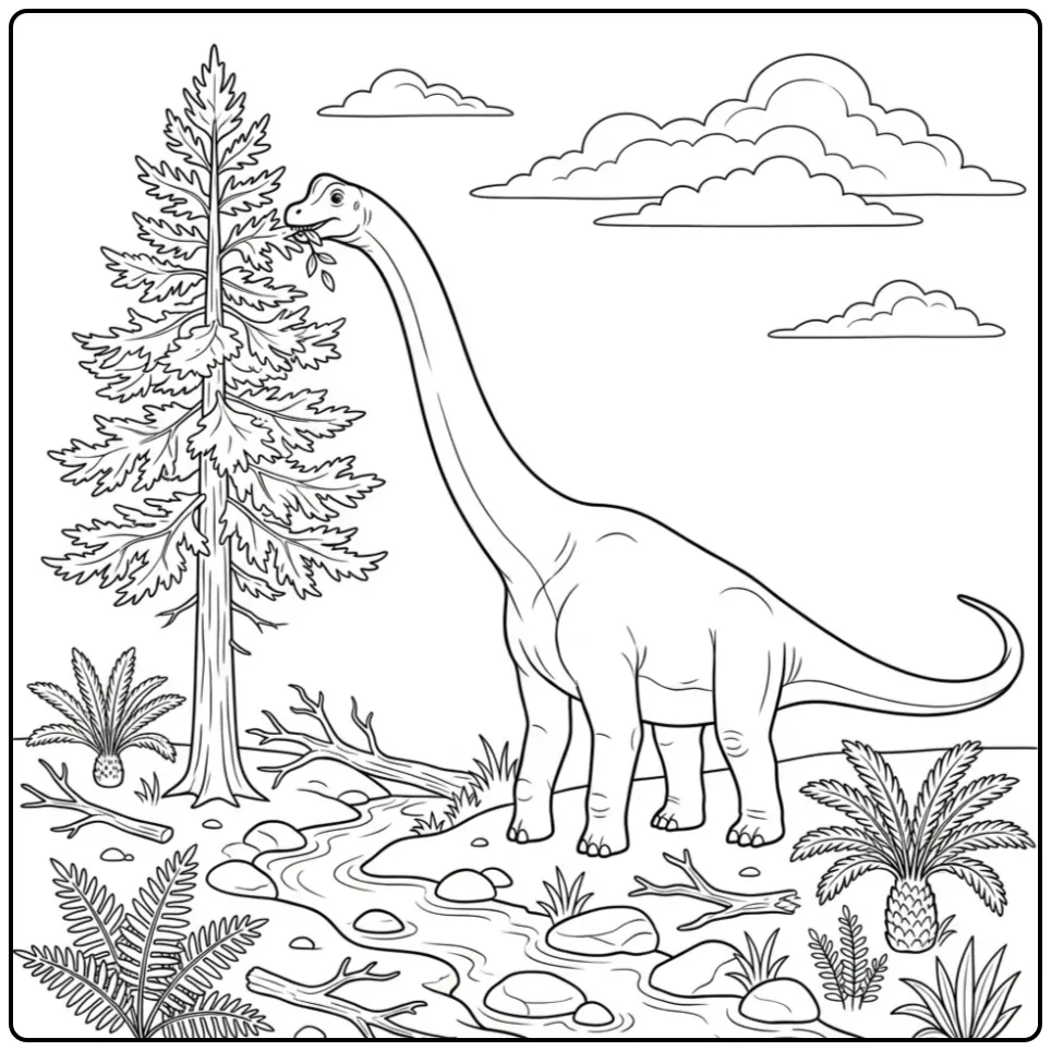 Long-necked Dinosaur and Nature coloring page
