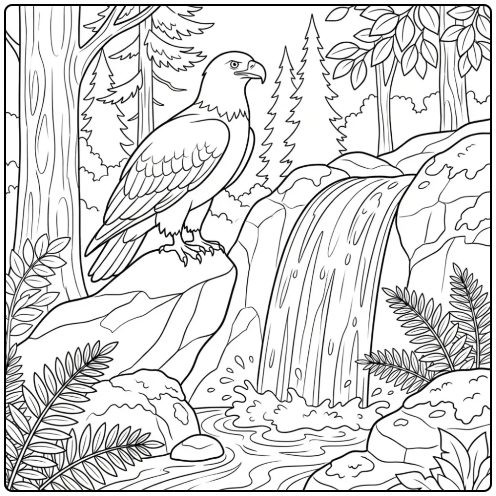Eagle with a Flowing Waterfall coloring page