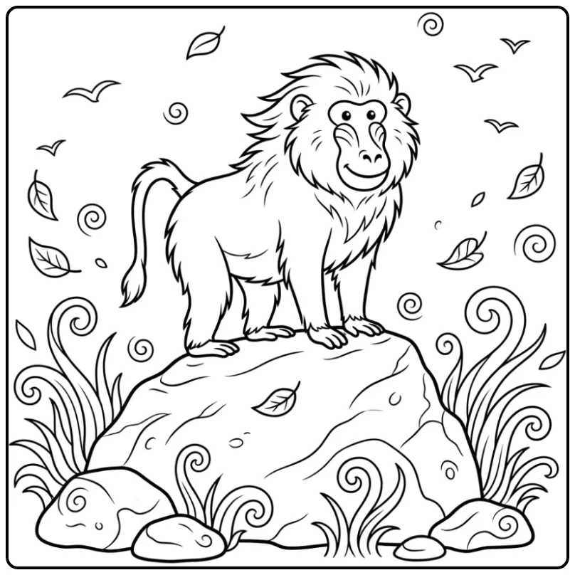 Baboon with Birds and Leaves coloring page
