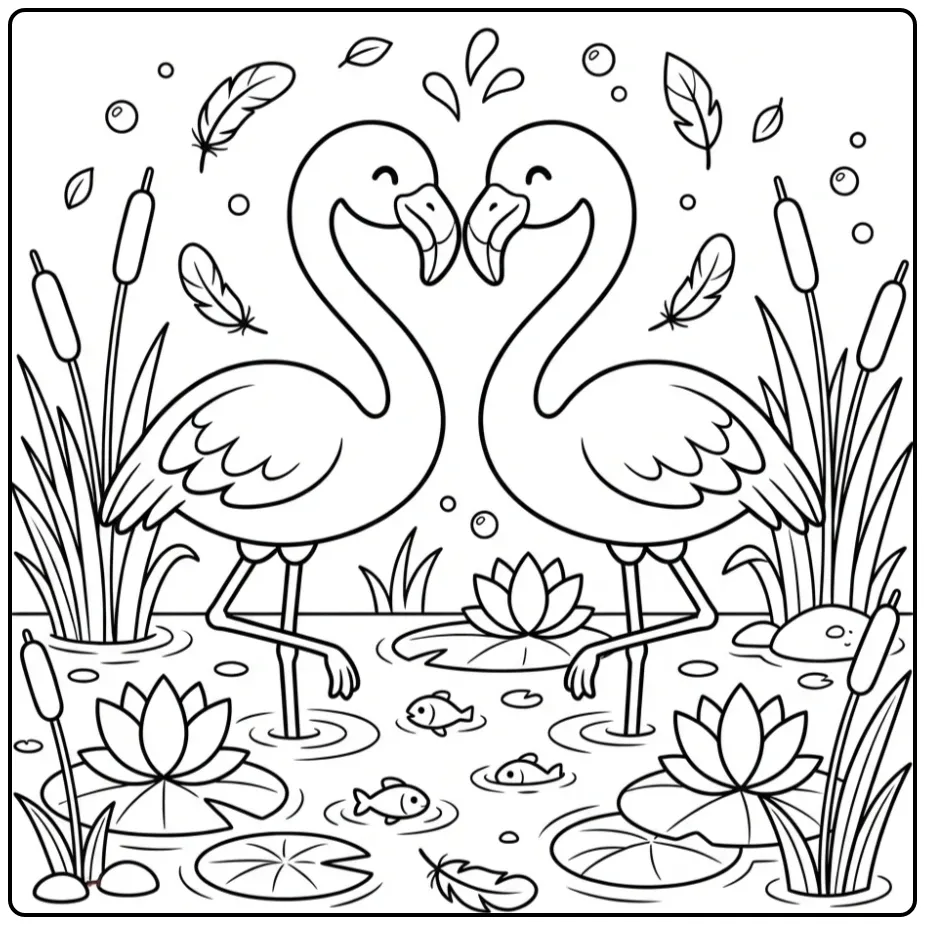 Cute Flamingo Among Lotus Flowers coloring page
