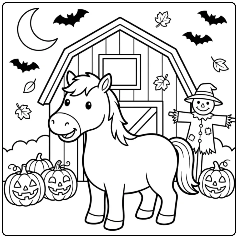 Halloween Horse with Pumpkins coloring page