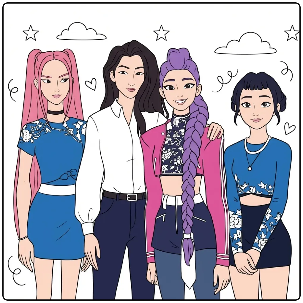 KPop Demon Hunters Girl Group coloring page