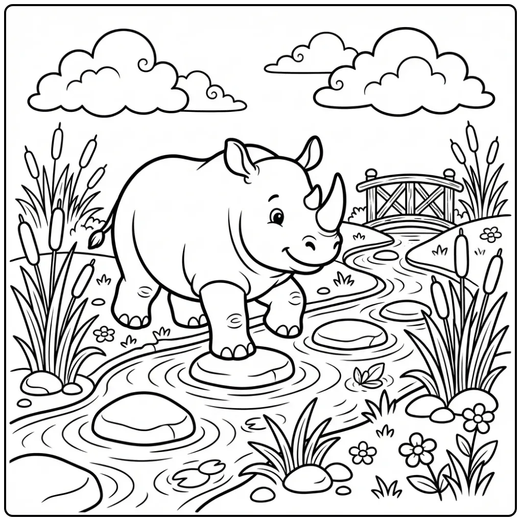 Rhino coloring page showing a rhino crossing water
