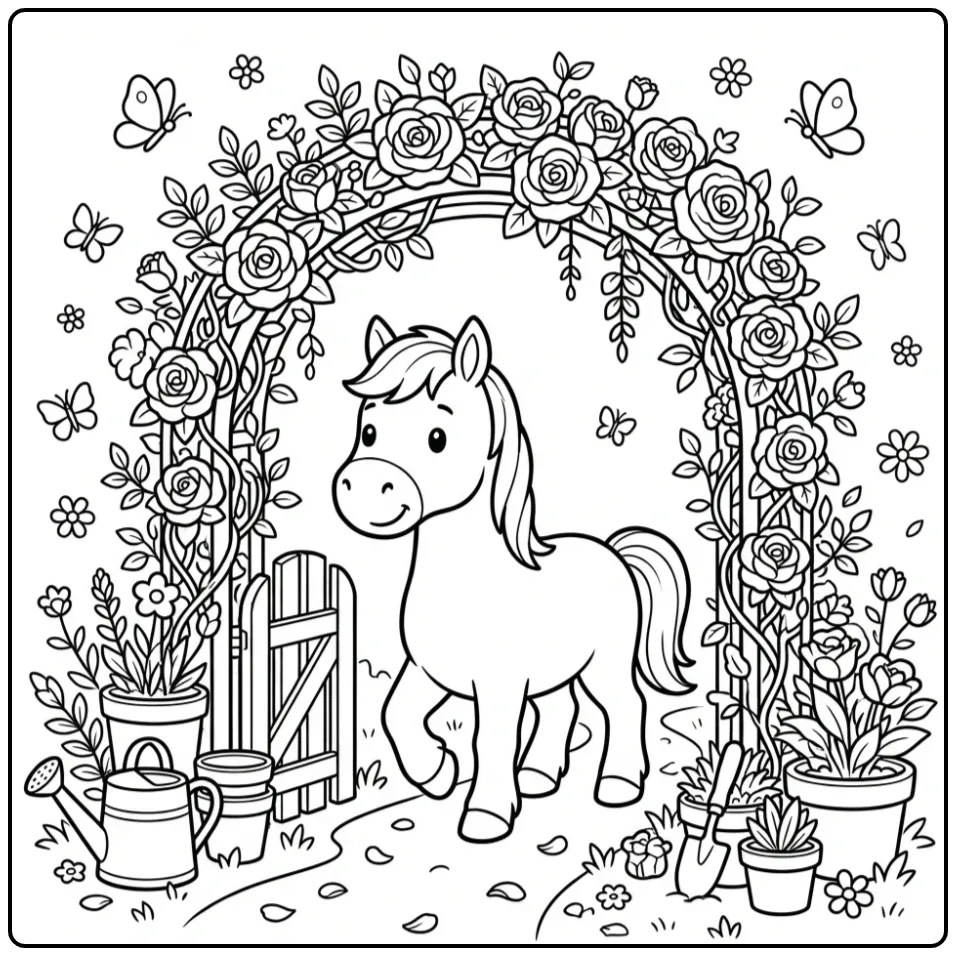 Horse with Flowers and Garden Tools coloring page
