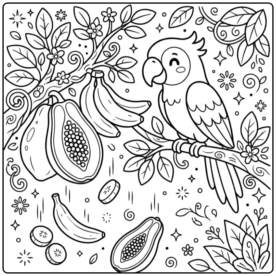 Parrot with Tropical Fruit coloring page