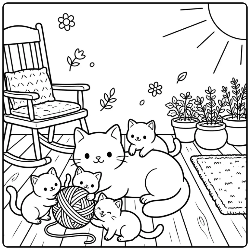 Cat with Kittens and a Ball of Yarn coloring page