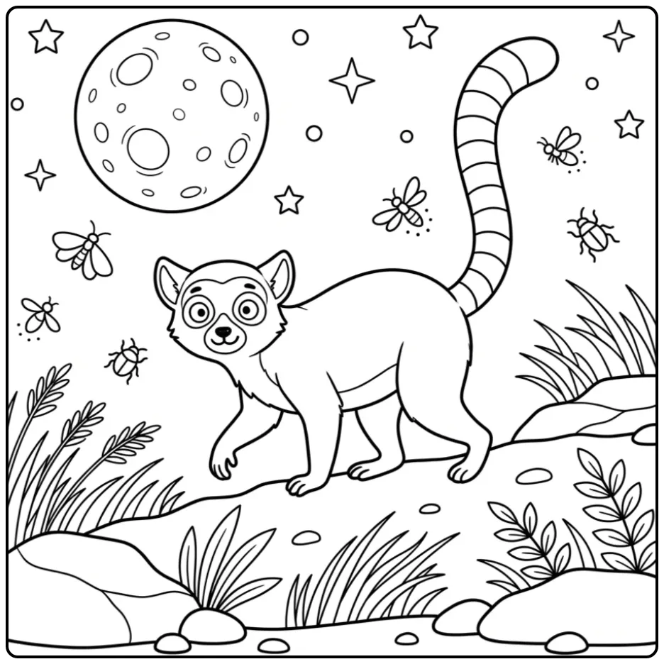 Ring-tailed lemur coloring page featuring a lemur at night