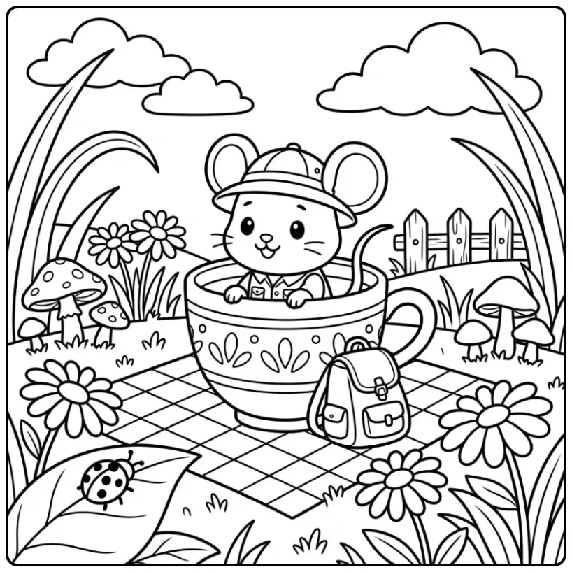 Cute Mouse on Adventure in the Meadow coloring page