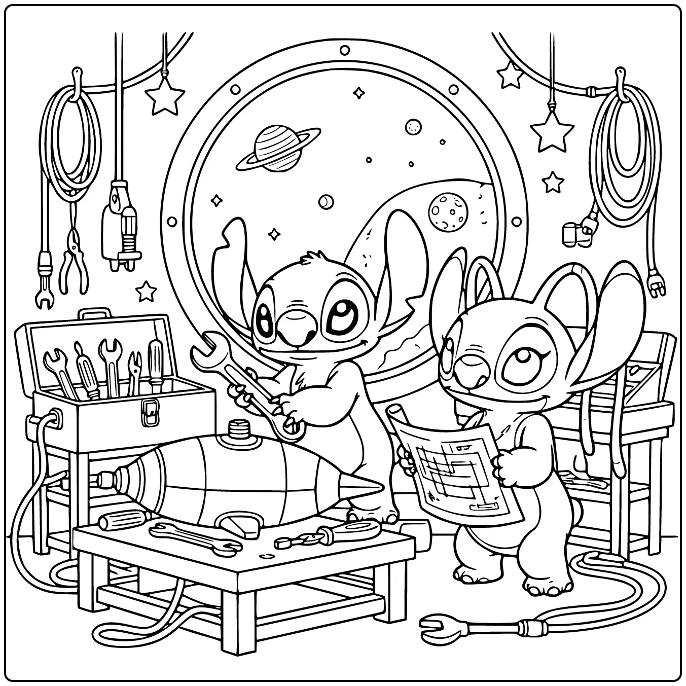 Stitch and Angel Repairing a Rocket coloring page