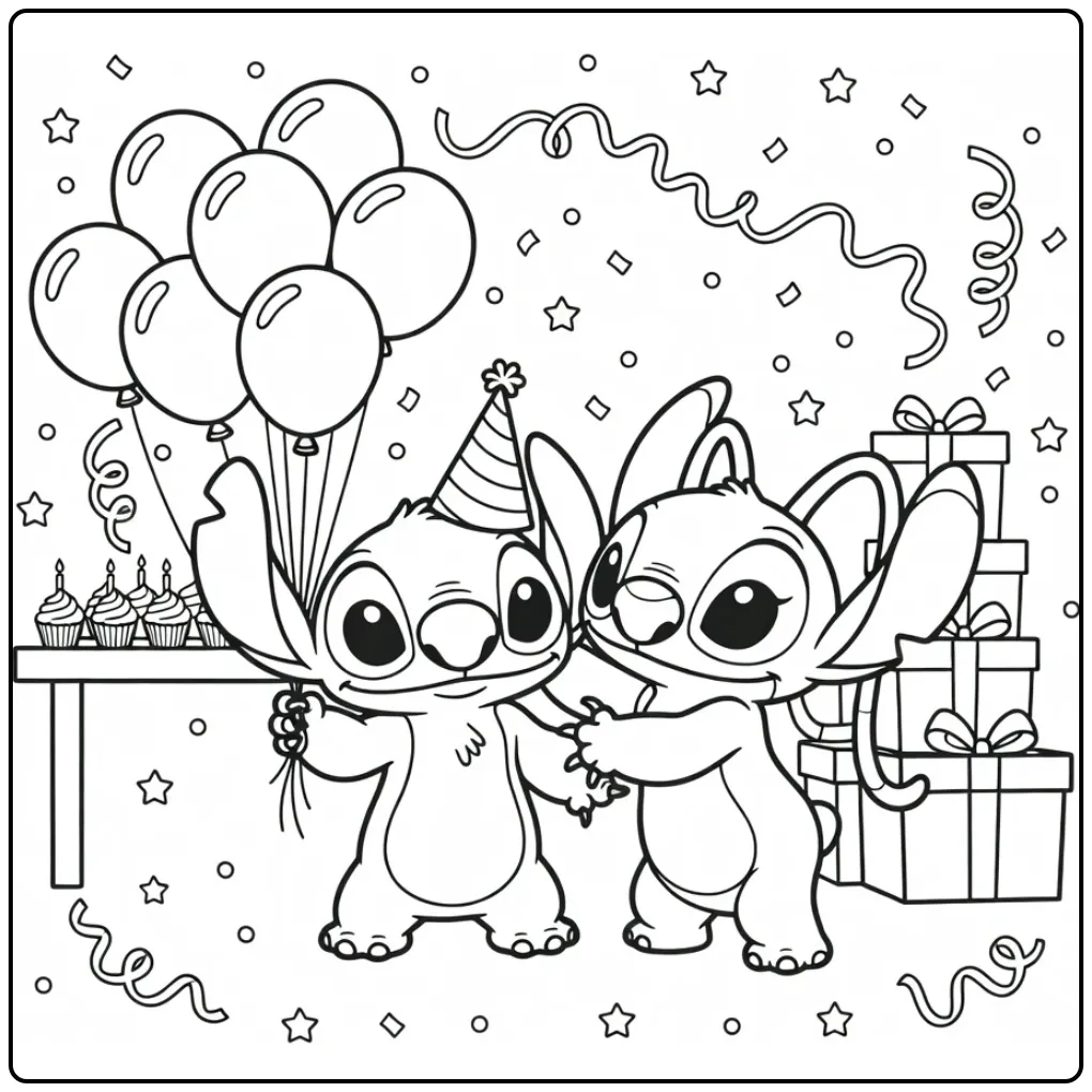 Stitch and Angel Birthday coloring page