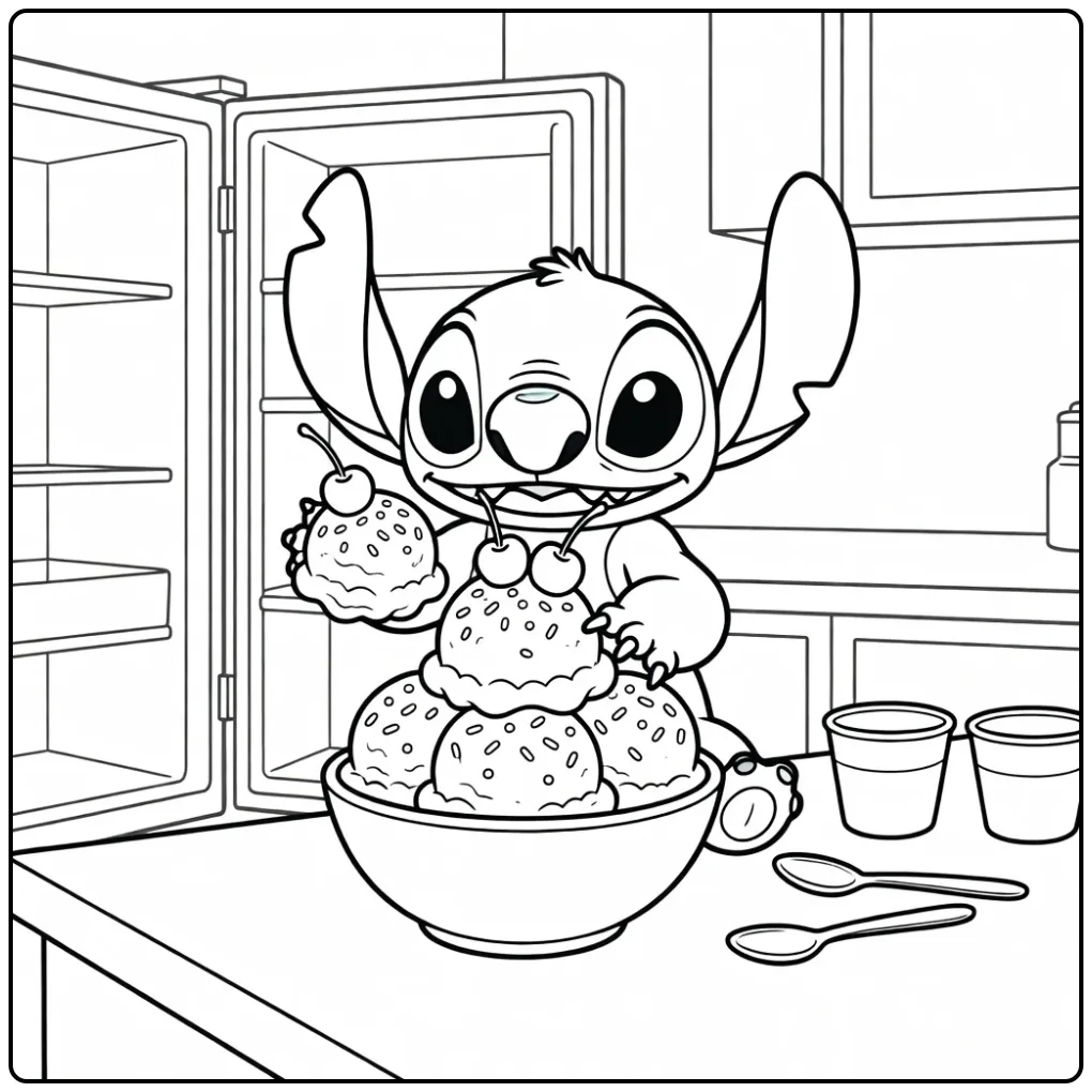 Stitch Ice Cream with Toppings and Cherries coloring page