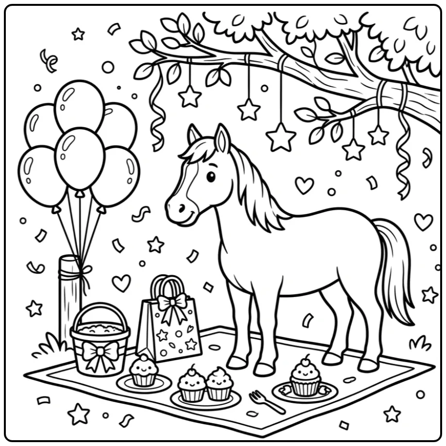 Birthday Horse with Festive Picnic coloring page