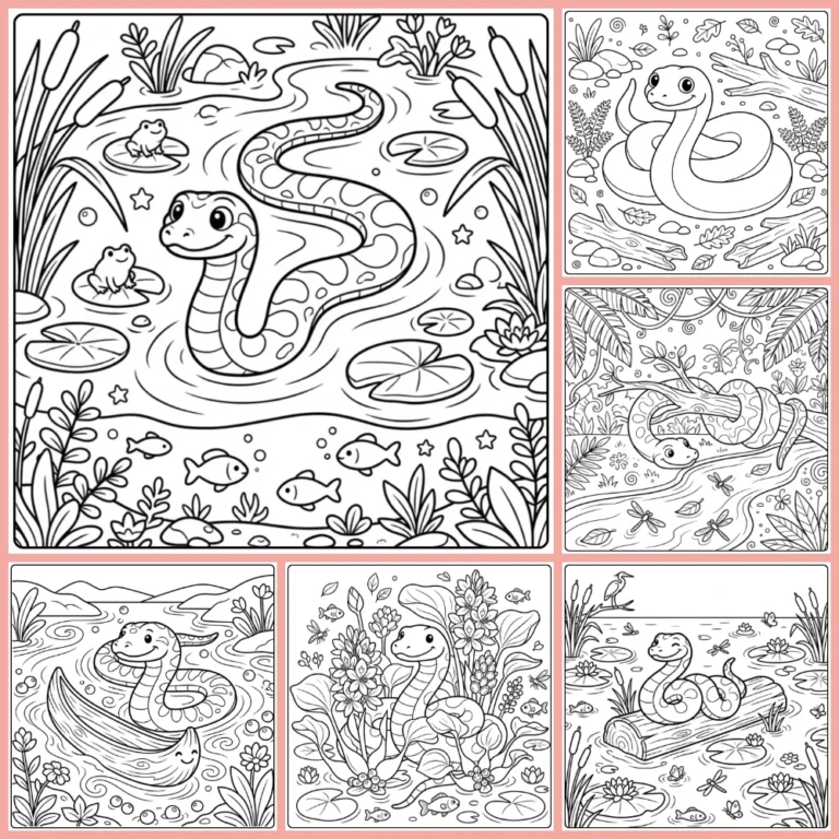 Anaconda coloring page collection preview with rainforest snake scenes