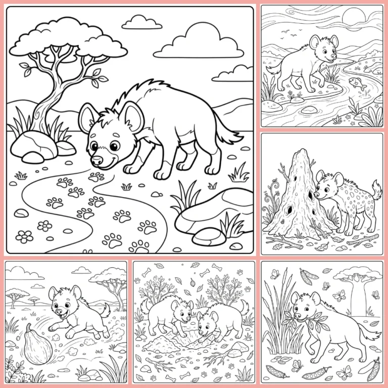 Hyena coloring page collection preview with several hyenas